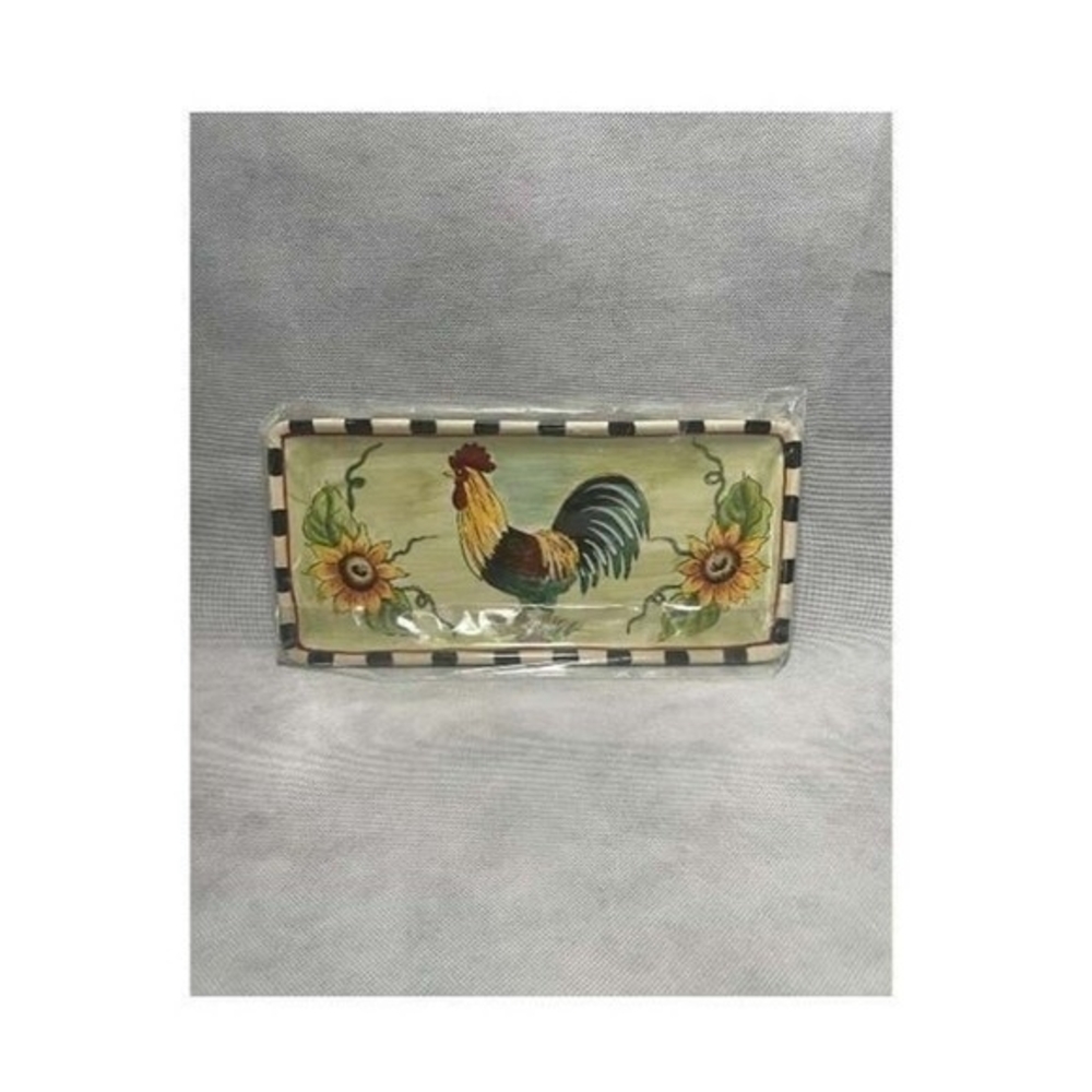 Vintage Italian Rooster Rectangular Tray 11"x5" Hand-Painted Ceramic Italy New